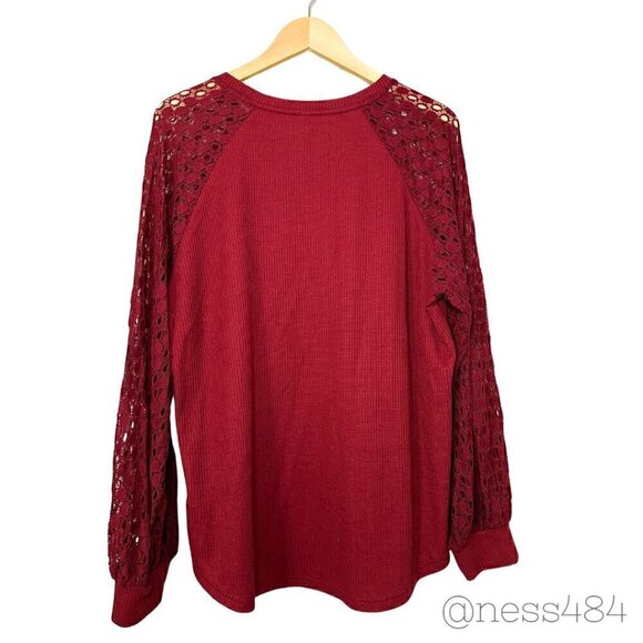 Burgundy Women's Plus Long-Sleeved Blouse w/Lace Sleeves 2XL - Picture 2 of 6